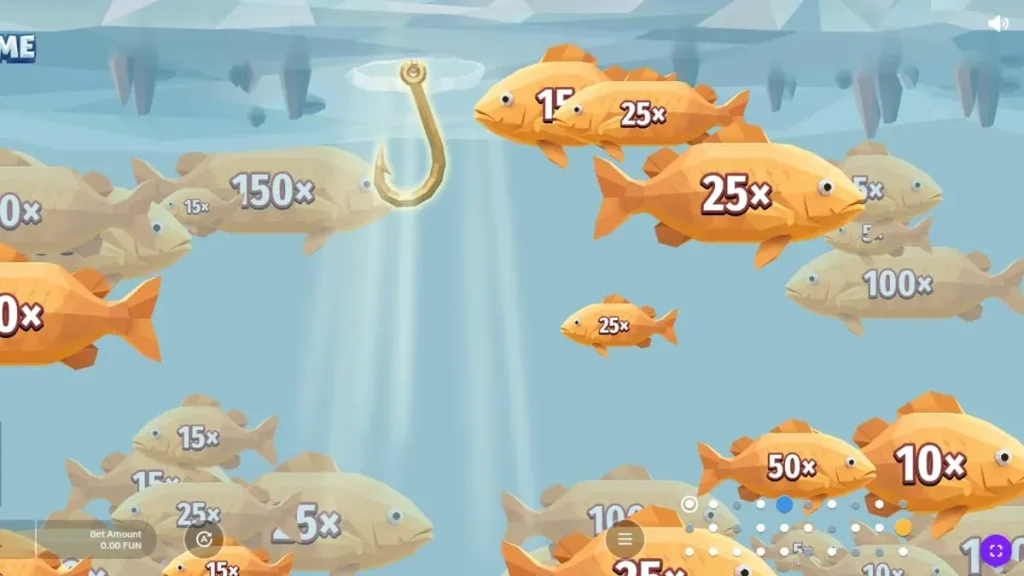 Pemandangan danau beku dan roda keberuntungan dalam game Fishing Time