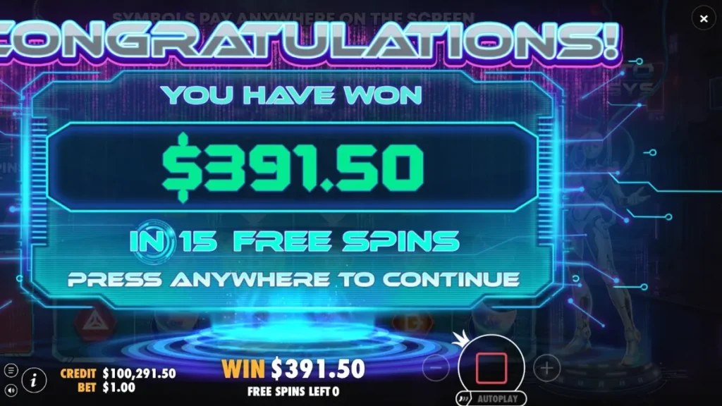 Tampilan layar permainan slot Crypto Genesys dengan tema futuristik dan neon