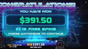Tampilan layar permainan slot Crypto Genesys dengan tema futuristik dan neon