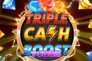 Tampilan visual neon futuristik dari slot Triple Cash Boost dengan simbol buah dan berlian